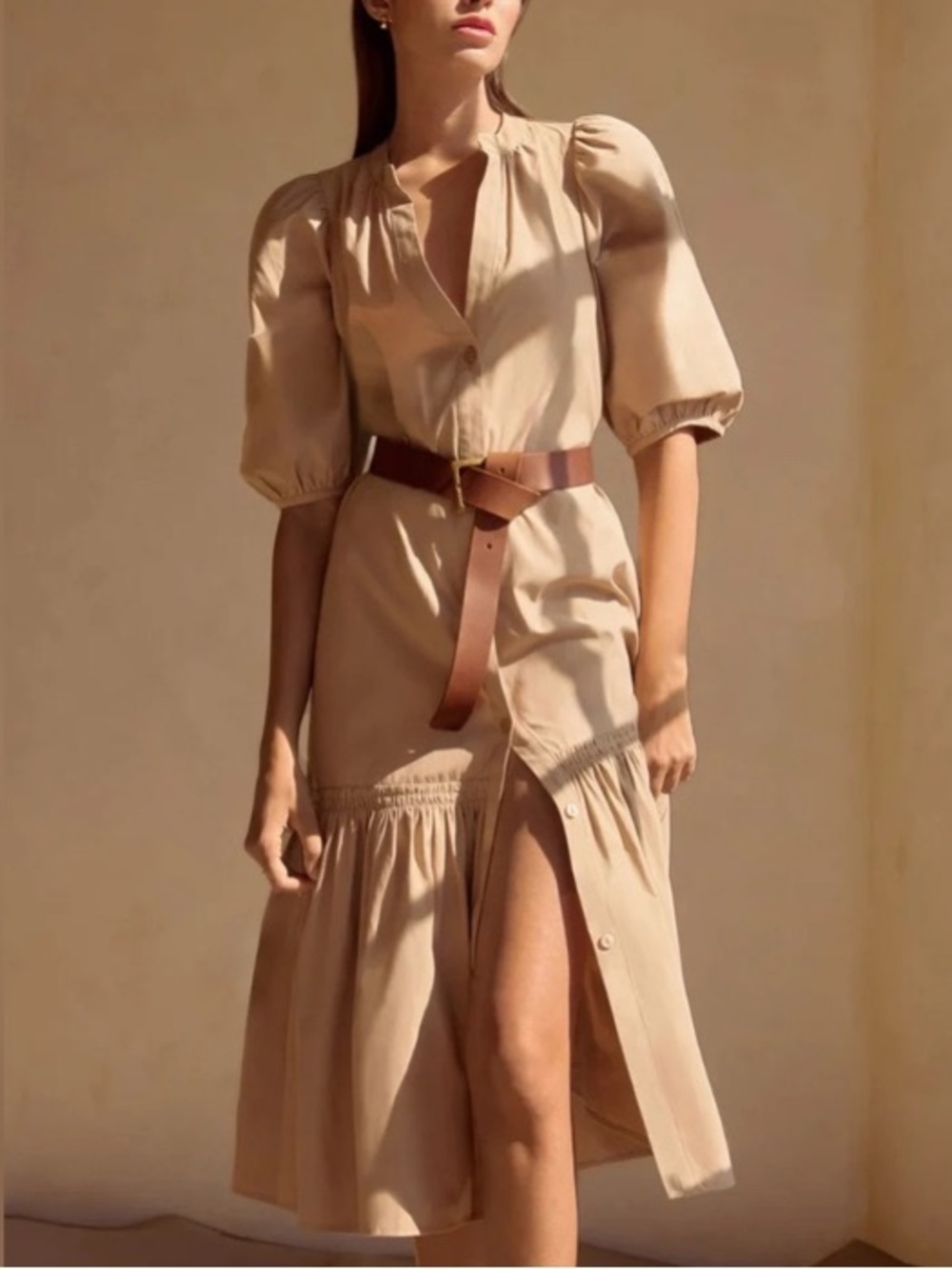 Brochu Walker Havana Dress Puff Sleeve Band Collar Sand Sahara Beige XS JCP3797